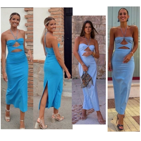 Zara blue cut-out halter top bodycon midi dress Sz L NWOT bloggers fave - Picture 4 of 16
